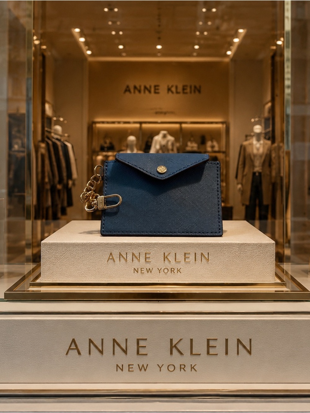 Anne Klein Navy Card Holder with Gold Chain